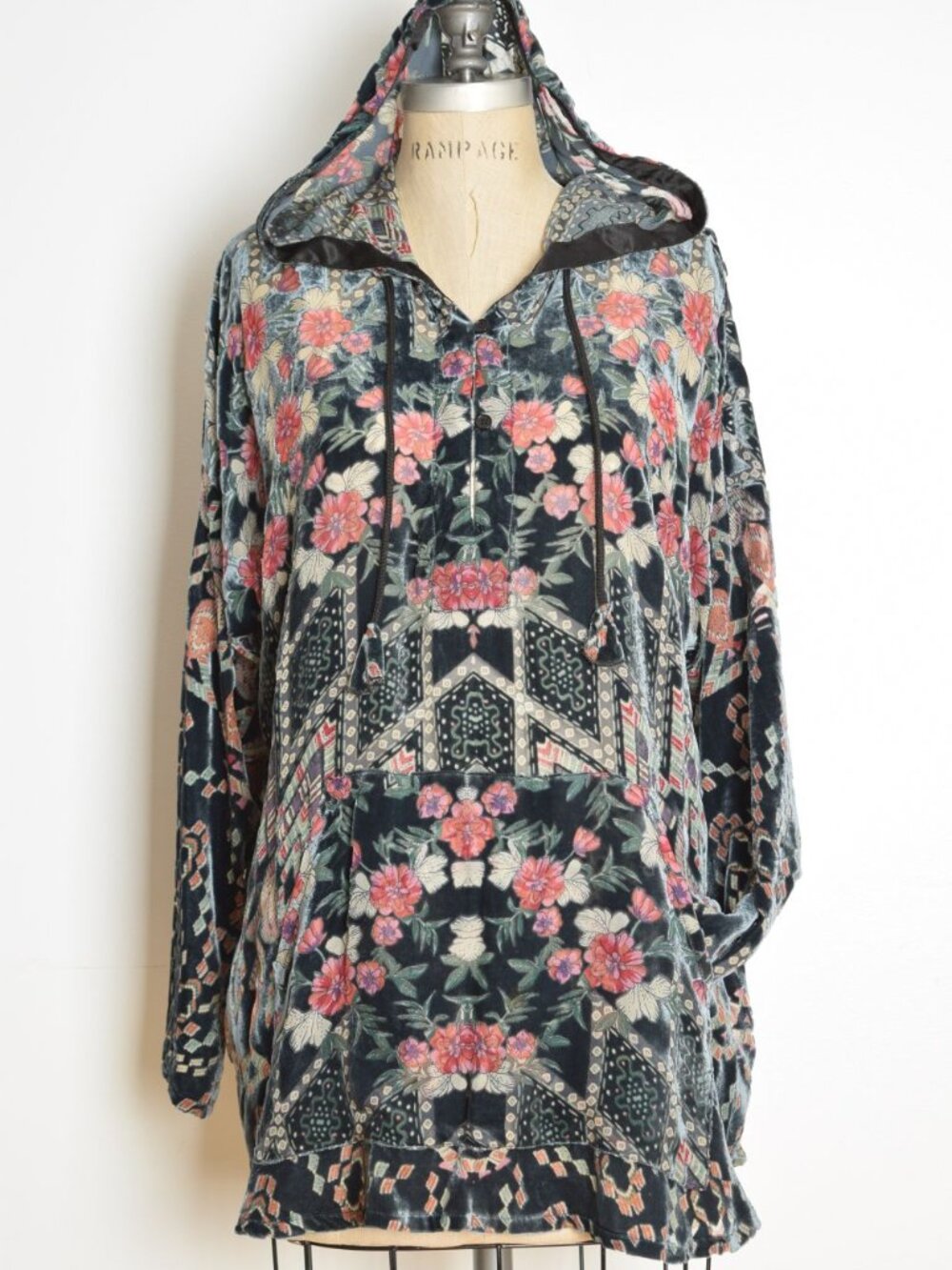 Johnny Was Pete & Greta top burnout velvet silk rayon sheer deco hoodie shirt S